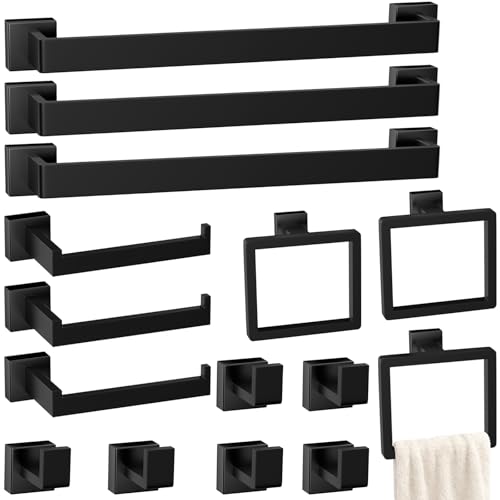 15-Pieces Matte Black Bathroom Accessories Set, Stainless Steel Bathroom Hardware Set, Towel Racks for Bathroom Wall Mounted 24 Inch Bath Towel Bar Set. - color: Matte Black, size: 24inch 15 Pieces