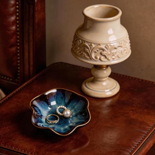 Ceramic Lotus Leaf Trinket Dish, Ring Holder for Jewelry | Keeps earrings, necklaces, keys, and keepsakes handy on vanities or nightstands, a sweet gift for moms, sisters, and friends - color: blue