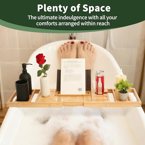 Premium Bamboo Luxury Foldable Bathtub Tray - Natural Bamboo Bath Tray for Tub, Bamboo Bathtub Shelf, Expandable Bath Table Trays, Bathtub & Bathroom Accessories for New Home & Great Gifts