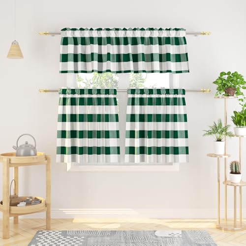 3 Pieces Tier Curtains and Valance Set Buffalo Check Kitchen Tiers Plaid Gingham Rod Pocket Classic Short Small Cafe Curtains Country Farmhouse Cafe Bathroom 54"x18"/27"x30" Dark Green & White - color: Plaids Dark Green&white, size: 27"W x 30"L (Pack of 3
