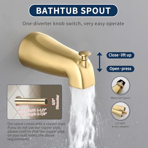 2 Handles Shower Faucet Set with Tub Spout Bathtub Shower Faucet Combo Set Shower System Complete Tub and Shower Trim Kit Brushed Gold Wall Mounted Shower Fixtures - color: Brushed Gold