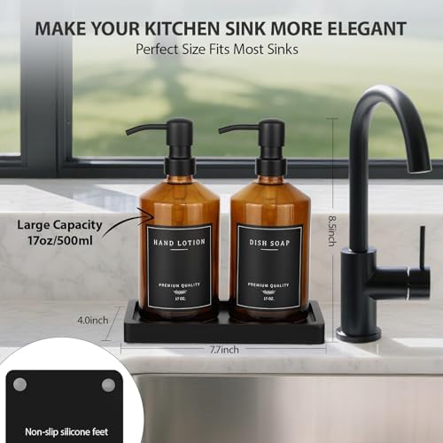 Amber Glass Soap Dispenser, Bathroom Hand Soap Dispensers with Stainless Pump, 17 Oz Kitchen Hand and Dish Soap Dispenser Set, Modern Liquid Soap Lotion Dispenser (Amber Bottle/Black Pump) - color: Amber Bottle + Black Pump