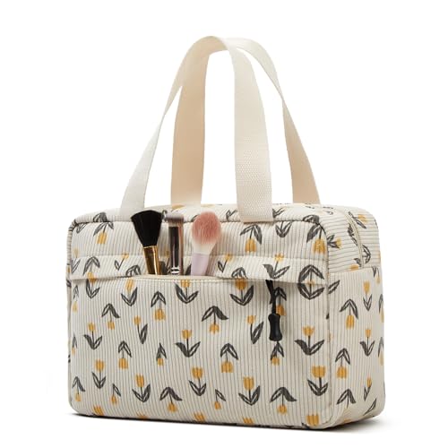 Large Makeup Bag for Women Corduroy Cosmetic bag Make up Bags Zipper Pouch with handle Cosmetic Organizer Toiletry Bag for Travel Storage - color: 11-Yellow Tulip