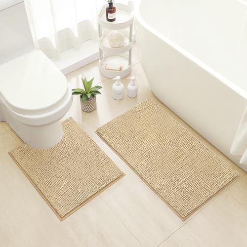 HOMEIDEAS Bathroom Rugs Set 2 Pieces, Ultra Soft Non Slip Absorbent Chenille Toilet Bath Mat Set (Beige) - color: Beige-beige, size: 1'8" x 2'8" (U Shape 20"x24"+20"x32")