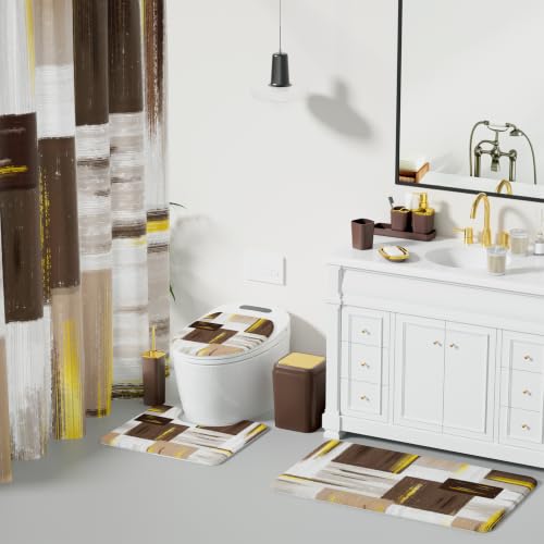 XLHOMO Bathroom Set - Brown Bathroom Accessories Set, Bathroom Sets with Shower Curtain and Rugs, Brown Shower Curtain Set with Bathroom Trash Can, Soap Dispenser, Soap Dish for Home Decor - color: Plaid Brown & Gold, size: Complete Set + Bath Rugs