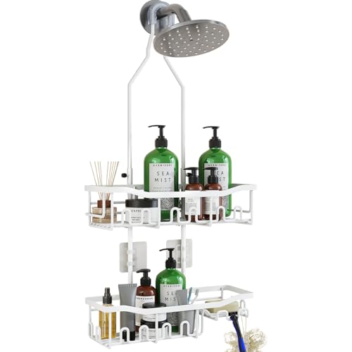 Upgraded Extended Length Shower Organizer with Hooks, Rustproof Shampoo Soap Holder, Large Hanging Bathroom Caddy, White - color: White - 2 Tier - Standard