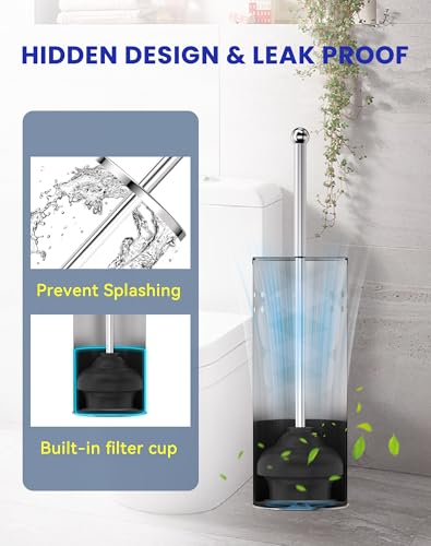 DOWRY Anti-Hand Off Toilet Plunger with Holder for Bathroom,Powerful Efficient Force Suction Cup,Heavy Duty, Deep Cleaning Chrome - color: Chrome