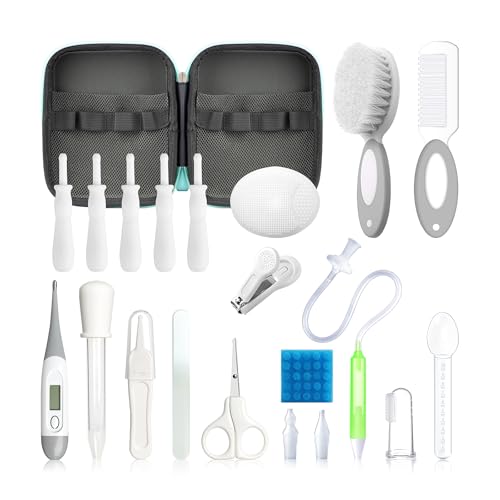 Baby Healthcare and Grooming Kit, 21 in 1 Portable Baby Essentials Kit with Gas Relief Hair Brush Comb Nasal Aspirator for Newborn Boys Girls (Grey White) - style: 21 Kits-Grey White