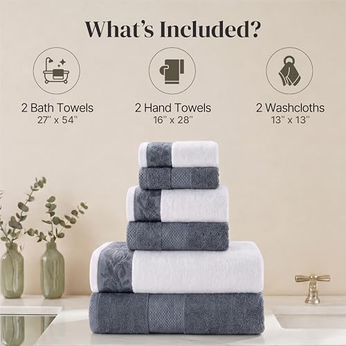 Modern Threads 600 GSM 6-Piece Towel Set with Filgree Jacquard Border Blue - color: Blue, style: Jacquard Border
