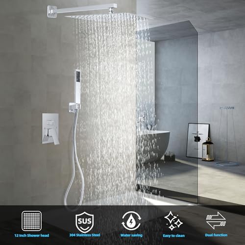 Bathroom Shower Faucet Set，12 Inch Rain Shower Head with Handheld Spray，Brass Shower Valve Trim Kit，Wall Mounted Square Rain Shower System (Chrome) - color: Chrome, size: 12 Inch Shower Head