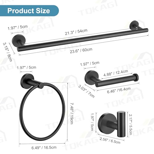 TQKAG Matte Black Bathroom Hardware Set 5 Pieces, SUS304 Stainless Steel Towel Bar Set Round Bathroom Towel Rack Set Wall Mounted - color: Matte Black, size: 5-Pieces Set