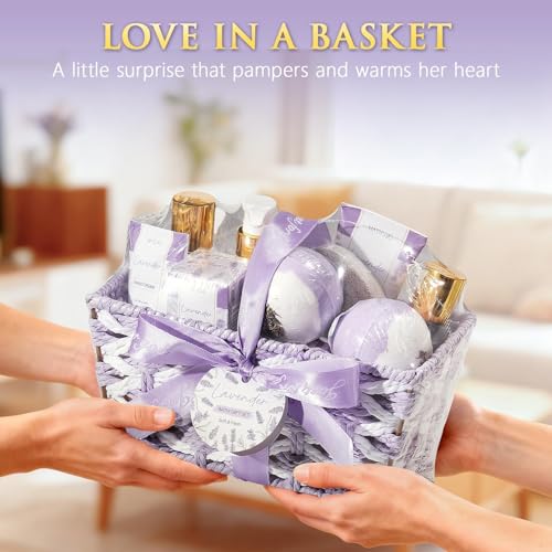 Mothers Day Birthday Gifts for Women, Lavender Relaxing Spa Gift Baskets for Women Self Care Package Bath Gift Set, Home Bath and Body Kit Pamper Gifts for Womens Her Mom Friends Wife Girlfriend Wife - color: Purple-Lavender