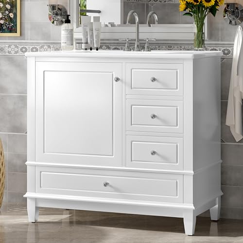 Linique 36" Modern Bathroom Vanity with Sink Combo Set, Solid Wood Frame Bathroom Storage Cabinet with 3 Drawers, Soft Closing Cabinet Door with Organizer, White - color: White, size: 36"/ Door with Organizer