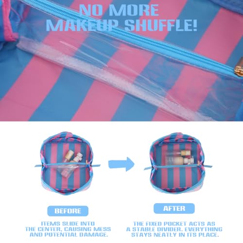 DYSHAYEN Stripe Travel Makeup Bag with Compartments Clear Coated Cosmetic Bag for Women, Waterproof Portable Open Flat Toiletry bag （Blue-Pink） - color: Blue-Pink