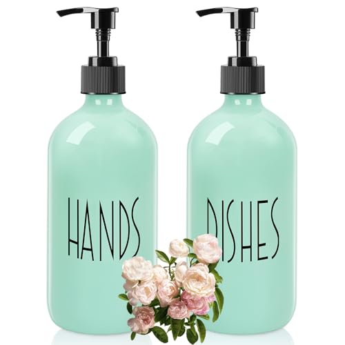 Dish Soap Dispenser for Kitchen - 16 OZ Glass Hand Soap Dispenser Set - Kitchen Bathroom Decor and Accessories (Turquoise Green) - color: Turquoise Green