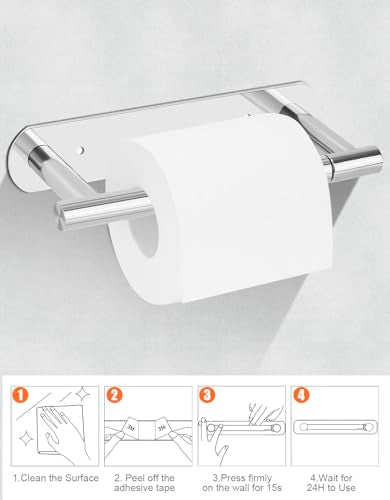 YUET Toilet Roll Holder, Self Adhesive or Screw In Wall Mounted Options, Double Post Pivoting Tissue Roll Holder, Stainless Steel Rustproof Stick On No Drilling Wall Mount for Bathroom Poilshed Chrome - color: Chrome-pivoting