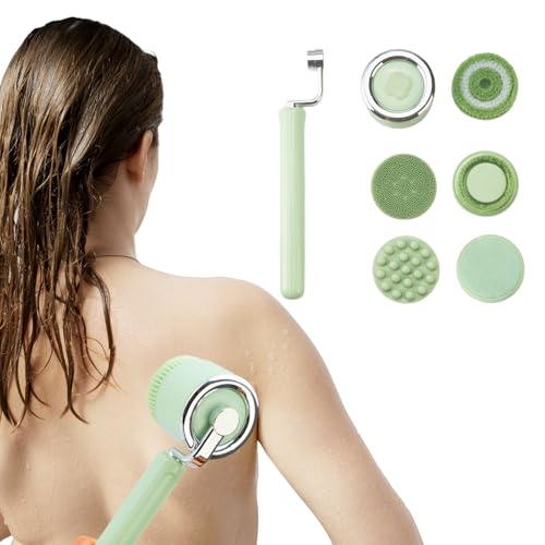 Electric Body Bath Brush for Shower, Rechargeable Body Brush with Detachable Long Handle and 5 Heads, 3 Speeds Bath Brush for Skin Care, Basic Cleaning and Massage (Sliver)