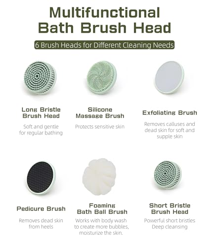 Electric Body Brush Back Scrubber for Shower, IPX6 Water Proof Bath Brush with Long Handle, 6 Heads 3 Speeds Rechargeable Electric Spin Scrubber for Cleanse, Massage, Exfoliate