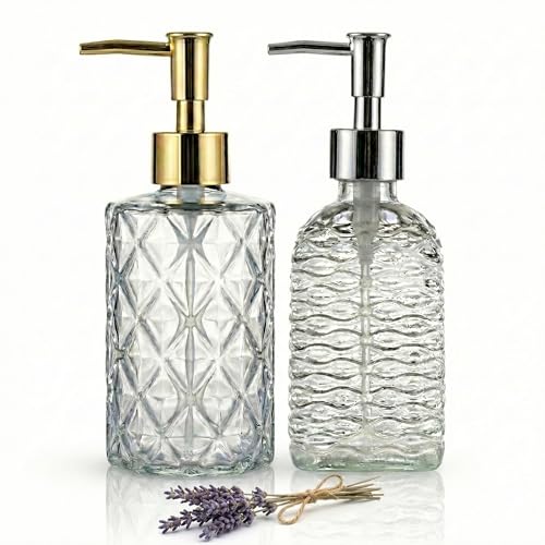 BOPPIE Ribbed Glass Soap Dispenser, Modern Countertop Hand & Dish Soap Dispenser for Bathroom/Kitchen, Refillable Liquid Soap Bottle with Rust Proof Pump Set of 2 (Clear Glass) - color: Clear Glass