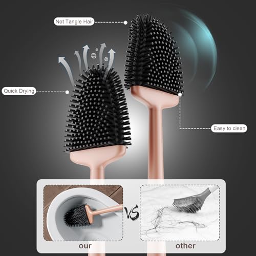 Sellemer Toilet Brush and Holder Set - Flexible Toilet Bowl Brush Head with Silicone Bristles, Compact Size for Storage and Organization, Ventilation Slots Base (1 Pack, Rose Gold) - color: Rose Gold