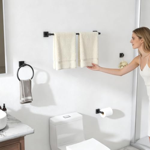 KLJKPA Black Bathroom Accessories Set, 24 inch Towel Racks for Bathroom, Stainless Steel Bathroom Hardware Set, Wall Mounted, 4-Piece - color: Black