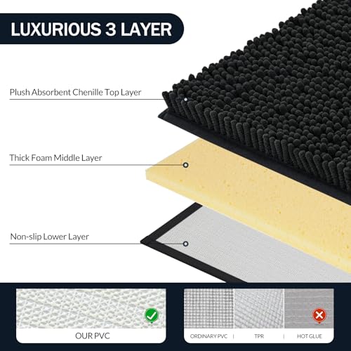 LINLA 3 Pieces Bathroom Rug Set, Absorbent Non Slip Chenille Bath mat, Thick Plush Chenille Carpet Mats Set,Washable Dry Quickly with U-Shaped Toilet Mat for Tub, Shower（Black） - color: Black
