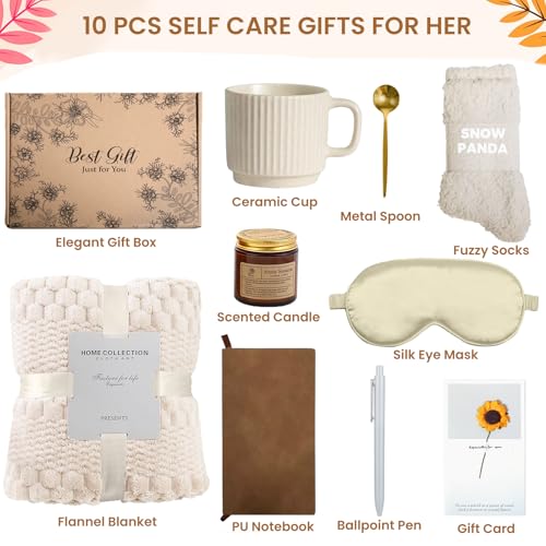 Birthday Gifts for Women, Personalized Self Care Gift Basket with 50"x60" Flannel Blanket, Spa Gift Set for Mom, Sister, Friend, Wife, Coworker, Thinking of You Care Package - color: Beige-10 Pc