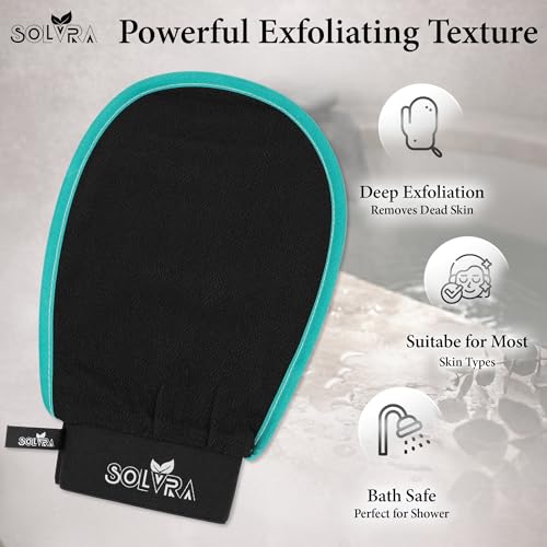 Exfoliating glove for Shower & Exfoliating body scrubber – 100% Vegan Viscose Kessa Mitt for Dead Skin Removal, Self-Tan Fade & Keratosis Pilaris –Dual-Texture Glove for Spa & Massage (1 Pack Black) - color: Pack of 1 - Black with Green Border