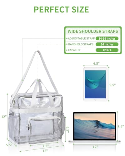 MAY TREE Clear Bag for Stadium Events 12×6×12 Clear Tote Lunch Bag with Reinforced Straps for Work, Sporting Events and Gym, White - color: White