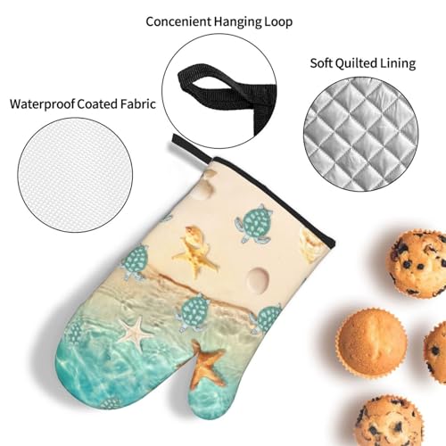 Sea Turtles Beach Oven Mitts and Pot Holders Sets of 3 Nautical Kitchen Decor Heat Resistant Hot Pads Teal Nautical Decorative Oven Gloves for Cooking Grilling Baking - color: Sea Turtles