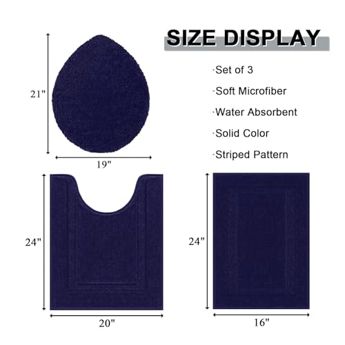 SHACOS Microfiber Bathroom Rugs Set of 3 with Toilet Lid Cover | Non Slip Washable Bath Mat Absorbent Bathroom Carpet 16"x24"+U Shape Toilet Rug 20"x24"+Toilet Lid Cover 19"x21", Navy Blue - color: Navy Blue, size: 16"x24"+U-Shape 20"x24"+Lid Cover 19"x21