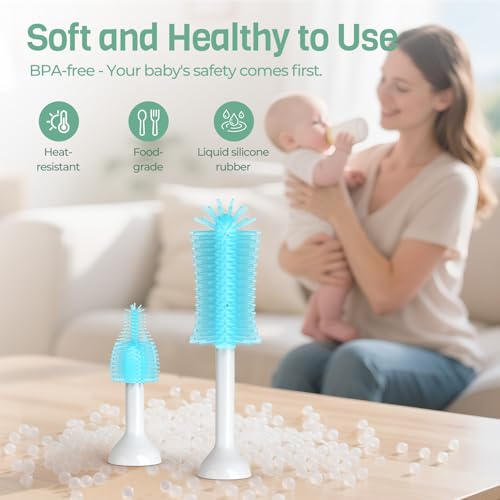 SEANCHEER S02 Electric Bottle Brush Set, Portable Baby Bottle Brush Cleaner, AA Battery-Powered & IPX7 Waterproof, with Silicone Bottle/Nipple/Straw Brush, for Home & Travel (Blue) - color: White-blue
