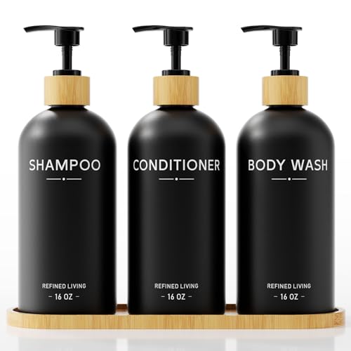 Shampoo and Conditioner Dispenser Set,Shower Soap Dispenser for Bathroom,Refillable Shampoo and Conditioner Bottles with Bamboo Pump and Tray,Soap Dispenser Bathroom for Shower (Black, 3-Pack) - color: Black