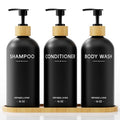 Shampoo and Conditioner Dispenser Set,Shower Soap Dispenser for Bathroom,Refillable Shampoo and Conditioner Bottles with Bamboo Pump and Tray,Soap Dispenser Bathroom for Shower (Black, 3-Pack) - color: Black