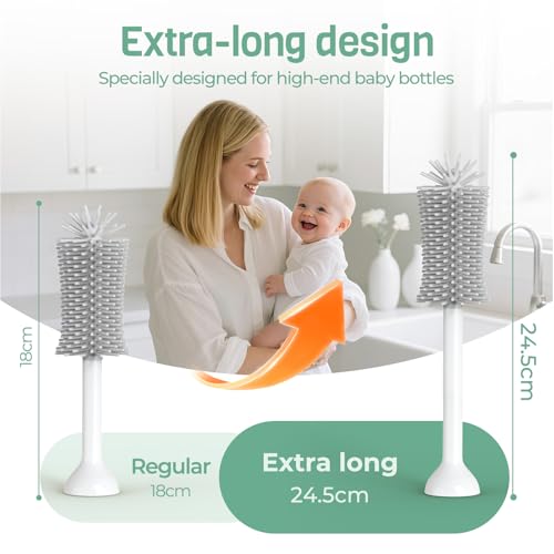 SEANCHEER S02 Electric Bottle Brush Set, Portable Baby Bottle Brush Cleaner, AA Battery-Powered & IPX7 Waterproof, with Silicone Bottle/Nipple/Sponge/Straw Brush, for New Parents (Extra-Long) - color: Extra Long Gray