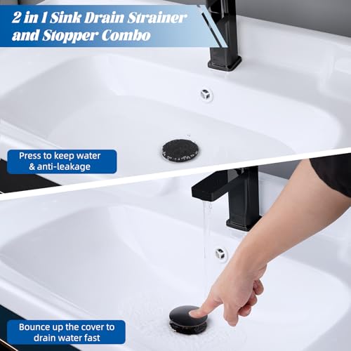 Hibbent All Metal 2 in 1 Bathroom Sink Stopper, Universal Pop Up Drain Strainer, Brass Bullet Core Push Type Sink Stopper for 1.1''~2.3'' Basin, Big Push Button, Anti Clogging Filter, Matte Black - color: Matte Black