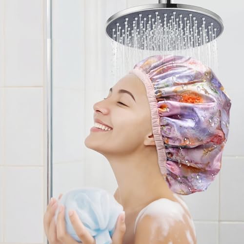 Upgraded Waterproof Terry Shower Caps, Reusable Shower Cap for Women with Long Hair, Soft Absorbent Hair-Protecting Towel Lining Bath Cap, Large Leak-Proof Hair Cap with Fashionable Print Outer-Pink - color: Pink