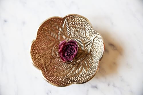 Brass Jewelry Bowl – Gold Color Circular Small Round Spoon Rest Soap Dish Candle Holder - Perfect Catchall Tray for Candles, Jewelry, Rings, and Trinkets (Gold with Embossed Rose Design) - color: Gold With Embossed Rose Design