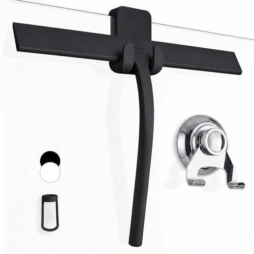 GÜTEWERK Silicone Shower Squeegee for Glass Doors & Mirrors with Stainless Steel Core, Streak-Free & No-Squeak Window Cleaning, 3-in-1 No-Drill Mount (Hook/Suction/Adhesive),Black, 13 Inches - color: Black, size: 13 Inches