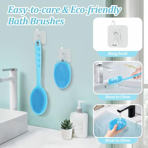 Silicone Back & Body Scrubber Set 2PCS, 13.4'' Gentle Exfoliating Back Scrubber with Dual-Side Head and Non-Slip Handle, Hygienic Silicone Loofah with Soft Bristles and Massage Dots(Blue-2PC) - color: Blue*2