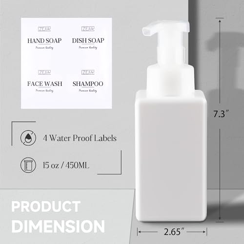 15OZ Foaming Soap Dispenser, 2-Pack Plastic Hand Soap Dispenser, Refillable Leakproof Foam Pump Bottle with Waterproof Labels, for Shampoo, Body Wash - color: White, size: 450ML