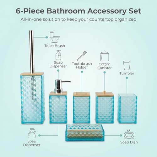 Light Blue Bathroom Accessory Set, 6 PCS Light Blue Bathroom Accessories Set, Soap Dispenser, Toothbrush Holder, Soap Dish, Mouthwash Cup, Cotton Swab Holder and Toilet Brush, Acrylic - color: Light Blue