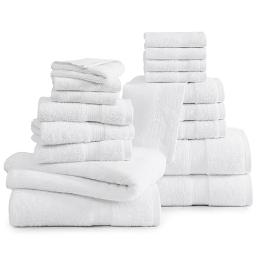 LANE LINEN Cotton Bath Towel Set 18 Piece - Super Soft, Absorbent & Quick Dry - 4 Bath, 8 Washcloths, 6 Hand Towels for Bathroom - Hotel Quality Turkish Towels, Ideal for Spa, Gym & Travel - White - color: 02: White, size: 18 Piece Towel Set
