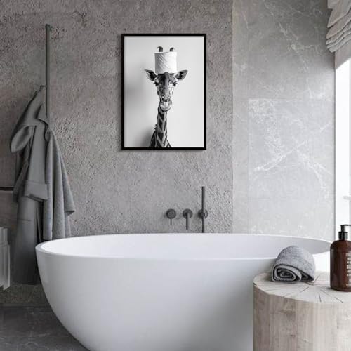 Framed Funny Giraffe Canvas Modern Wall Art Black and White Animal Poster Print Toilet Paper Hat Picture Gallery Wall Decor Bedroom Apartment 16X24 Inch Ready to Hang - color: Black and White Giraffe, size: 16L" x 24W"