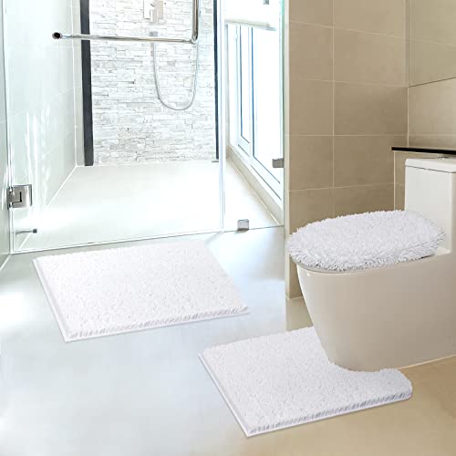 TREETONE Chenille Bath Mat 3 Piece Bathroom Rugs Set, 20x20 Inchs U-Shape Contoured Toilet Mat & 20x32 Inchs Rug & Lid Cover, Soft, Water Absorbent Plush Rugs for Tub Shower & Bath Room -White - color: White, size: Set of 3-Medium 20" x 30"/Contour/Lid Co