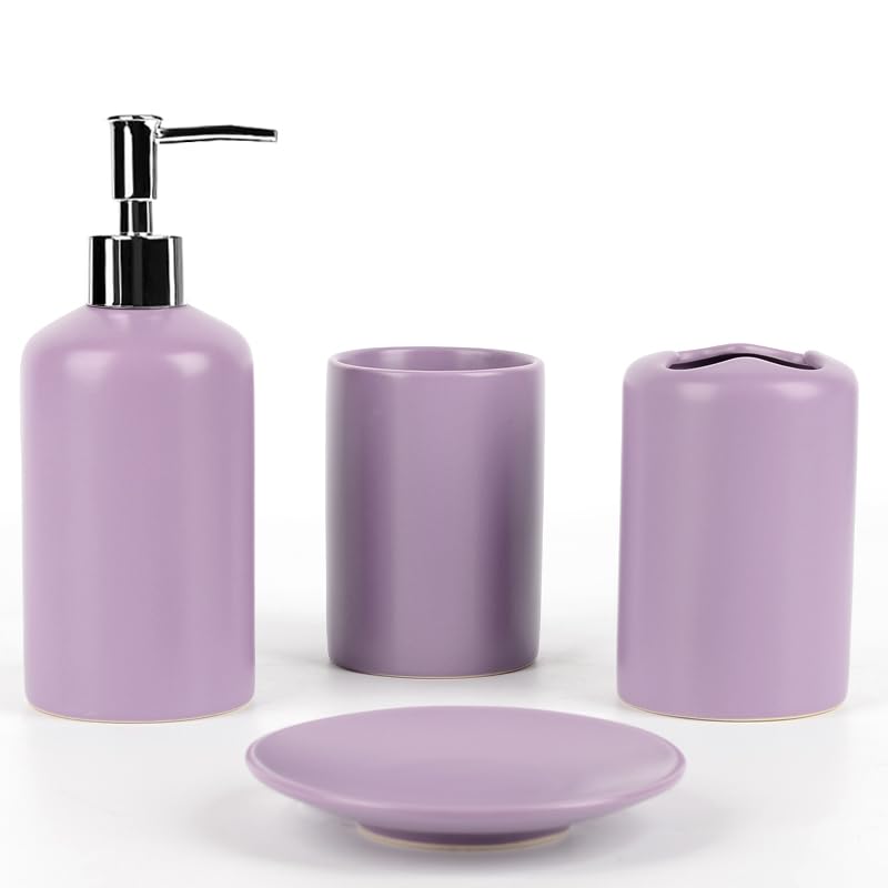 WPM 4 Piece Ceramic Bathroom Accessories Set - Purple - Our Complete Bath Decor Kit Includes Designer Soap or Lotion Dispenser - Toothbrush Holder - Tumbler - Soap Dish - color: Purple