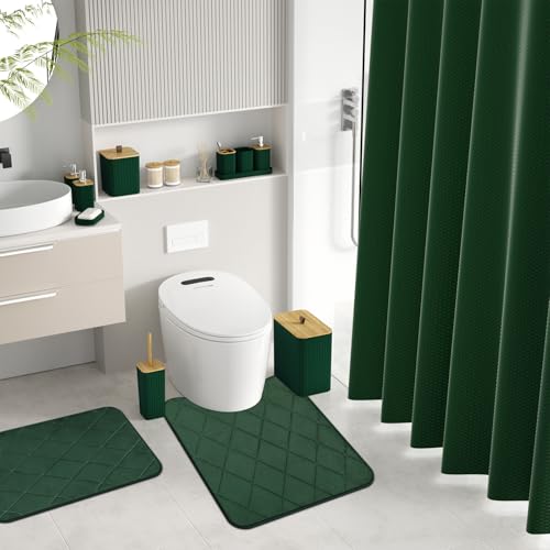Bathroom Accessory Set - Bathroom Sets with Shower Curtain and Rugs, Green Bathroom Set, 27PC Bathroom Accessories Set, Mini Trash Can, Toilet Brush, Trash Can & Soap Dispenser - size: Bathroom Set&Shower Curtain &Rugs, style: Dark Green