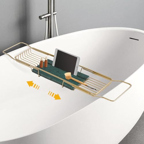 Expandable Bathtub Tray Caddy Shelf with Marble Table Mobile/Tablet Stand, Luxury Bath Tub Tray Rack, Bathroom Home Spa Shower Accessories Perfect Relaxing Spa Gifts for Women and Towel