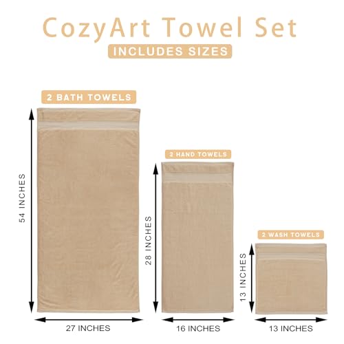 COZYART Beige Bath Towel Set, Turkish Cotton Hotel Large Towel Bulk for Bathroom, Thick Bathroom Set of 6 with 2 Bath Towels, 2 Hand Towels, 2 Washcloths, 650 GSM - color: Beige, size: 6 Piece Towel Set