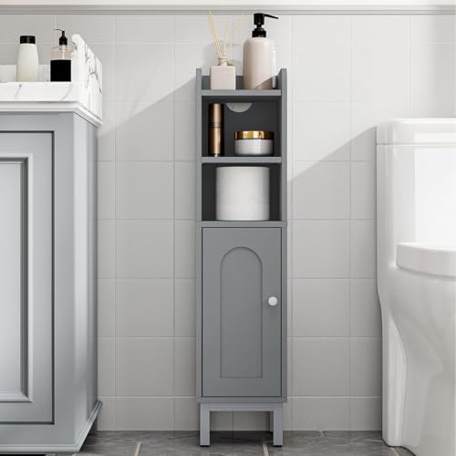 Hzuaneri Bathroom Storage Cabinet, Small Corner Floor Cabinet with Door and Shelves, Narrow Toilet Paper Holder, Bathroom Organizer with Adjustable Shelf, for Small Spaces, Gray BC08221GR - color: Grey, size: 7.9"D x 7.9"W x 32.7"H